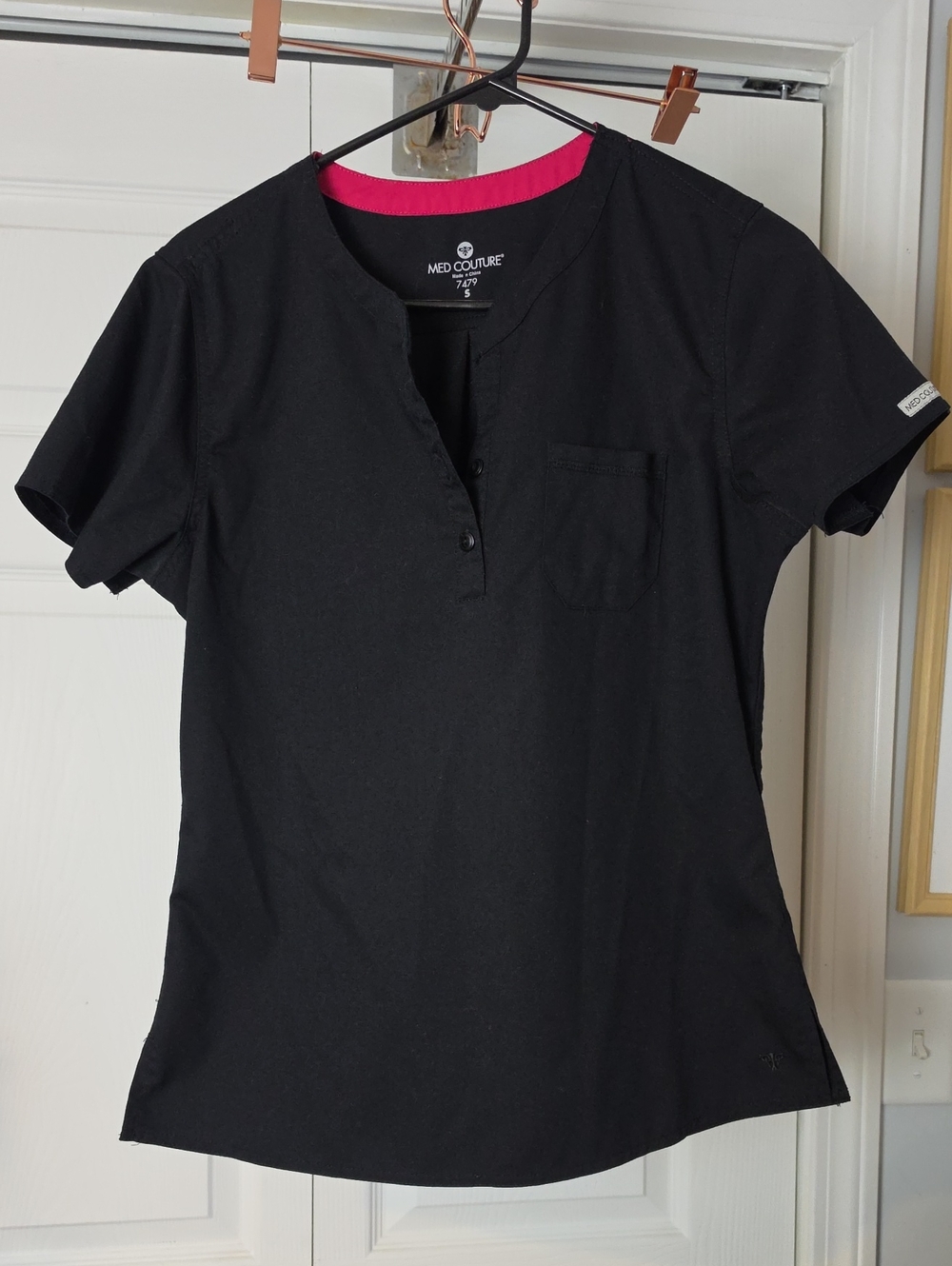 Med Couture Black Scrub Top with Pink Trim